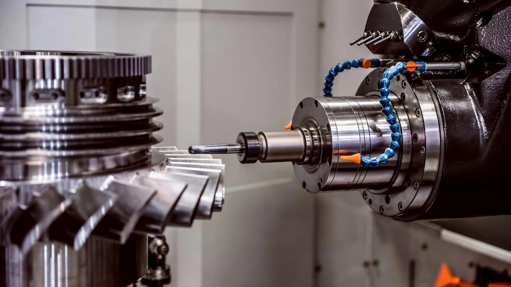 A close-up view of a CNC milling tool shaping turbine blades