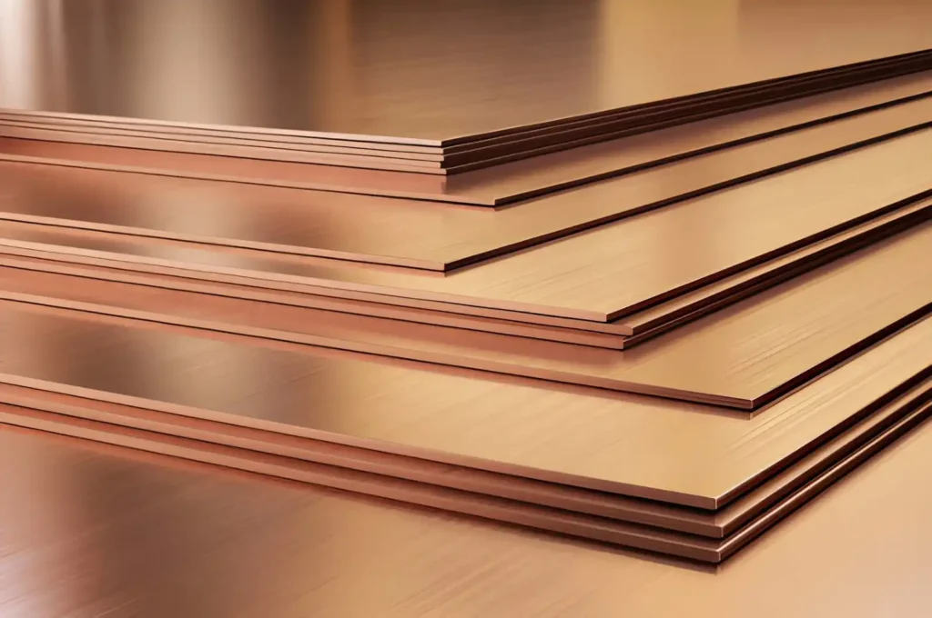  Stacked copper sheets used for sheet metal fabrication.