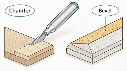 Illustration comparing chamfer cut and beveled edge on material.