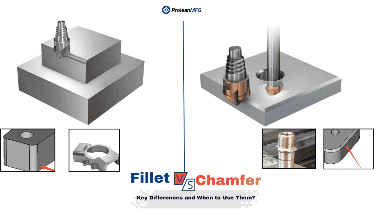 Blog’s feature image comparing schematic illustrations of machining Fillet vs. Chamfer with design snippet and part examples.