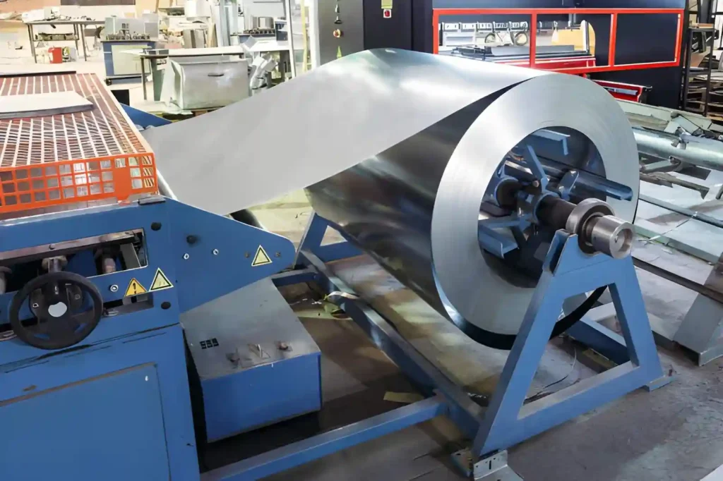 Roll of galvanized steel sheet used for manufacturing metal pipes and tubes in a factory