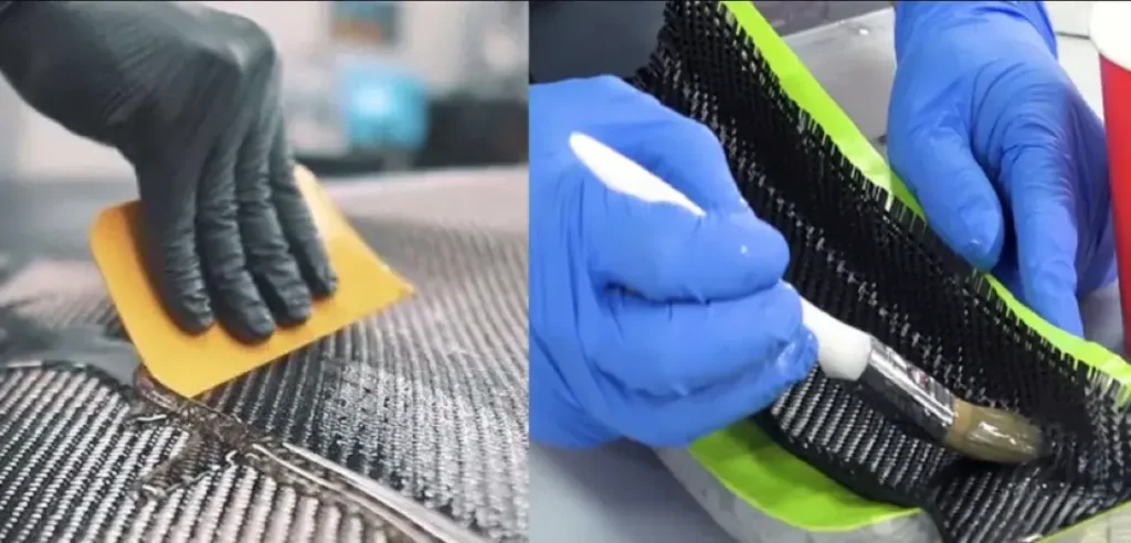 Two-panel image of hand layup process: spreading resin with a squeegee and brush, applying resin to carbon fiber fabric