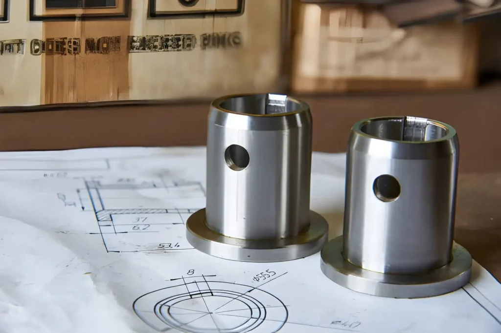 The image shows a pair of identical CNC-machined metal parts placed directly on top of their technical drawing.