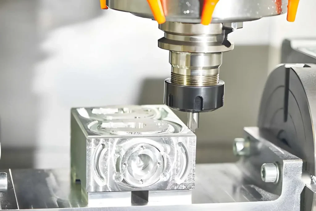The image shows an industrial CNC milling machine cutting a magnesium part using a rotating milling tool.