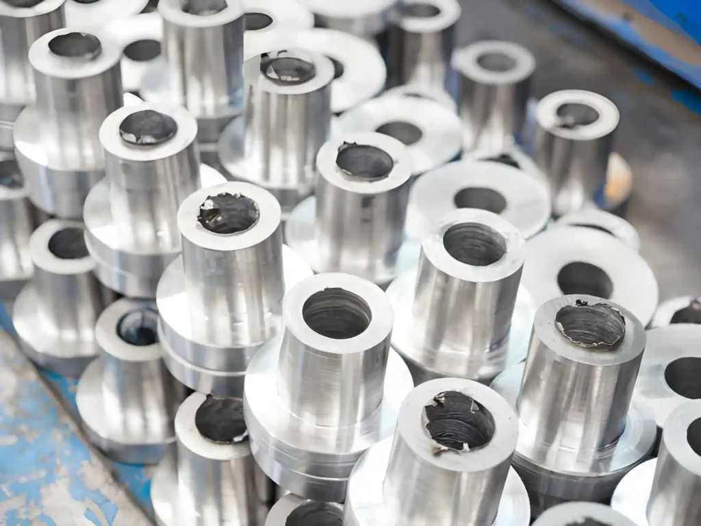 The image shows multiple magnesium parts arranged on a factory floor. The parts have cylindrical shapes with visible machining marks from turning.