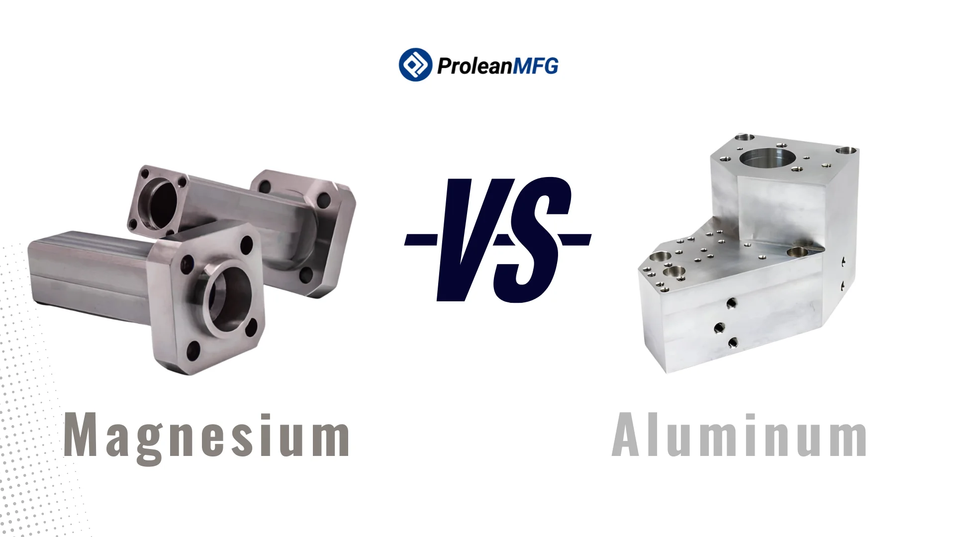 The image is a feature design comparing magnesium and aluminium. It visually highlights their machined parts
