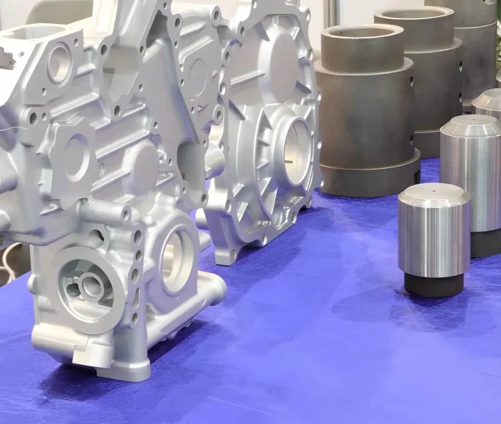 The image shows plunger tips and sleeves used in a die-casting machine alongside magnesium die-cast parts.