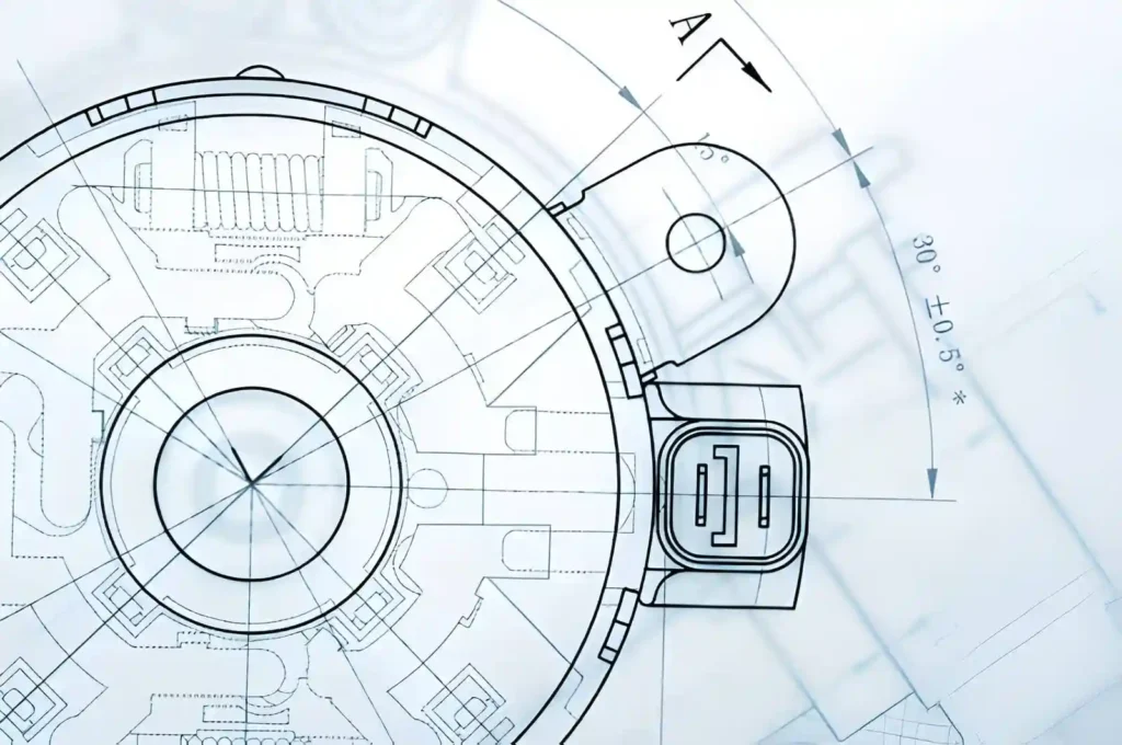 The image shows a detailed mechanical blueprint placed on a flat surface. The drawing includes precise lines, dimensions, and technical annotations representing part geometry.