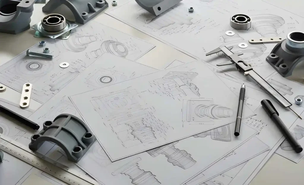 The image shows an engineer working with printed mechanical drawings placed on a flat surface. A vernier caliper is positioned on top of the drawings alongside metal bearings and small machined parts.