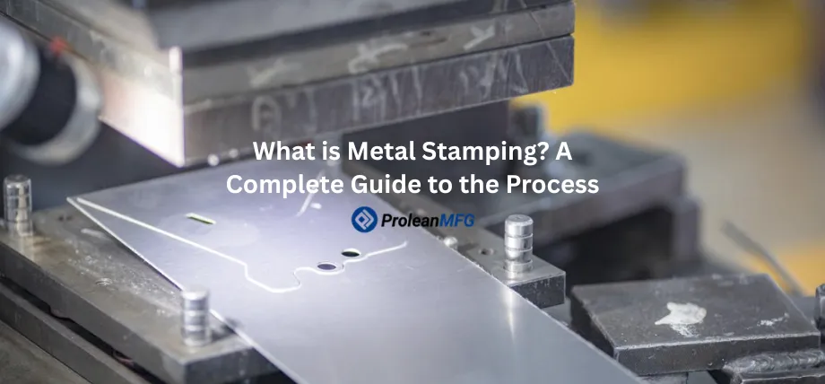 A close-up of a flat sheet metal piece being processed under a heavy-duty industrial stamping press machine