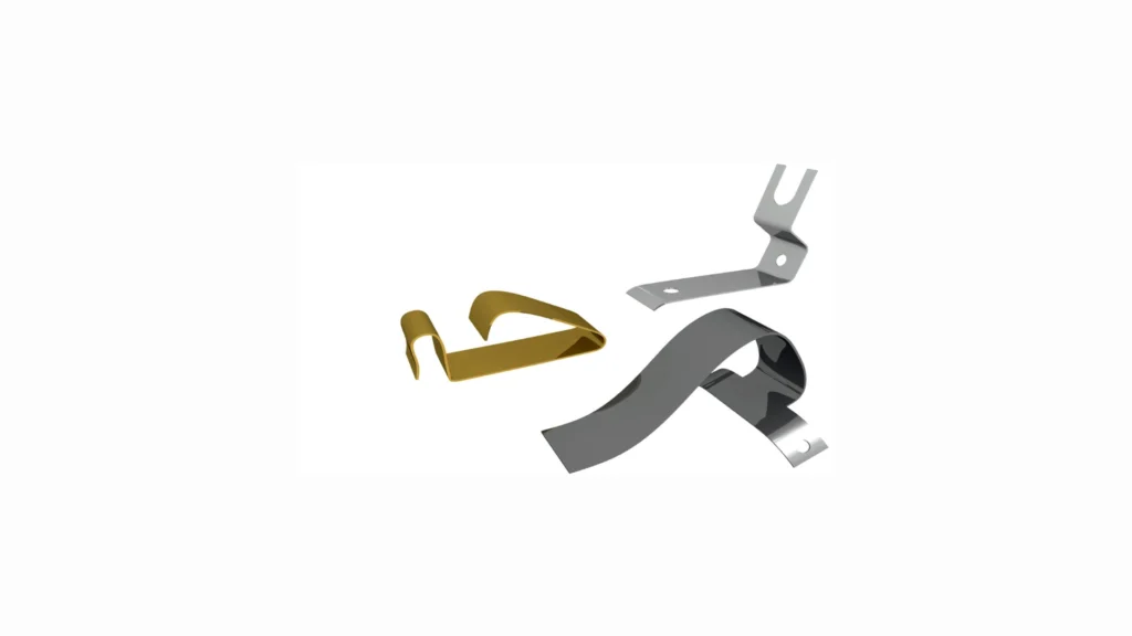 Metal parts produced using a 4-slide stamping machine with precisely formed shapes.