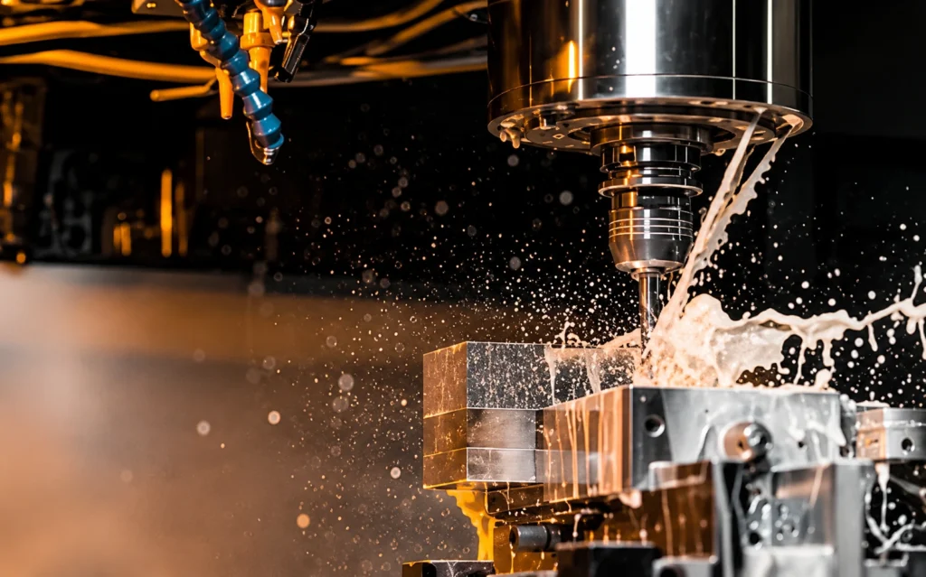Automated CNC milling machine using liquid coolant while fabricating a high-tolerance metal part.