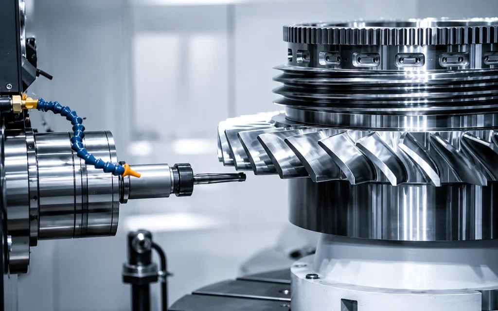 Close-up of an automated milling machine engineering a large metal prototype with intricate fin geometries