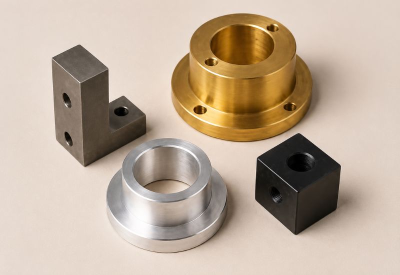 CNC machined parts made from various materials, including brass, aluminum, and steel