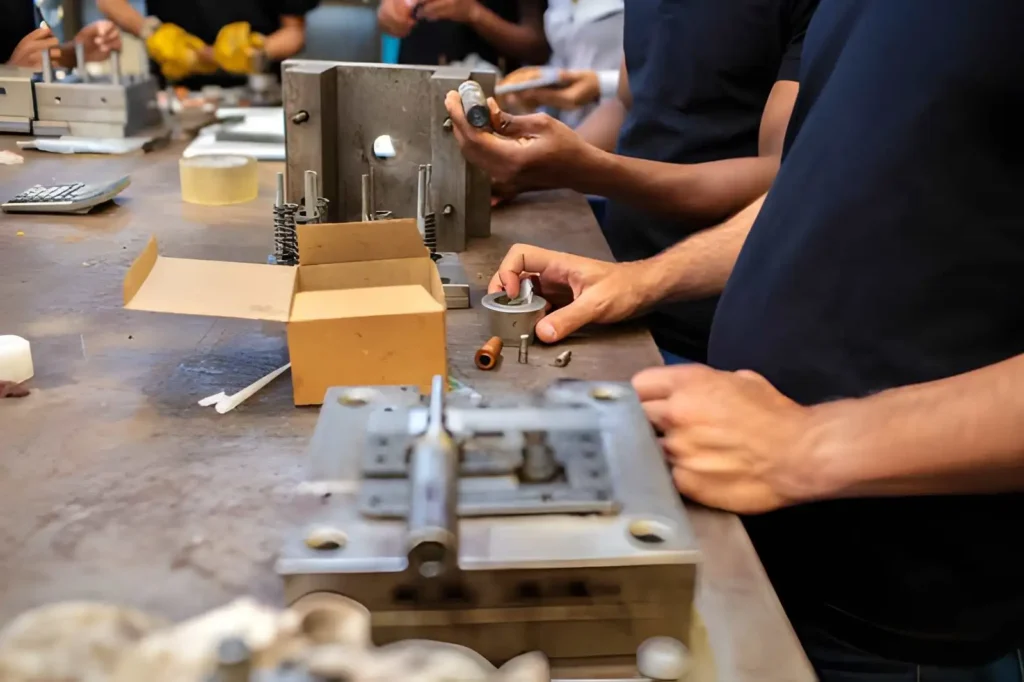 The image shows workers assembling components of a press tool on a workbench in a tool room.