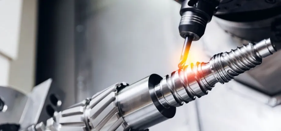 A lathe tool cutting grooves on a cylindrical shaft