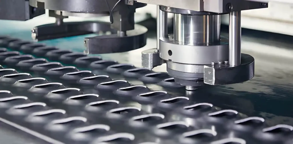 The image shows metal parts being processed by a punching machine
