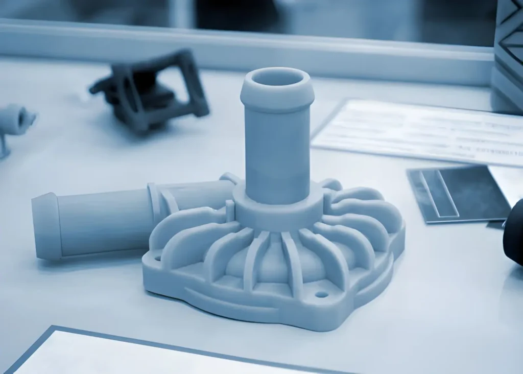 The image shows SLA prototype parts displayed on a table