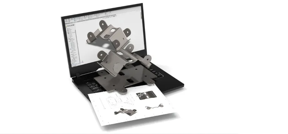Laptop displaying 3D CAD model of sheet metal bracket, with a physically fabricated part emerging from screen and technical drawings.
