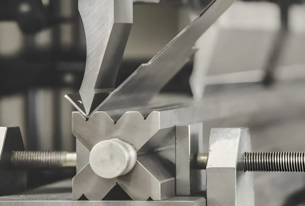 Close-up of sheet metal bending process.