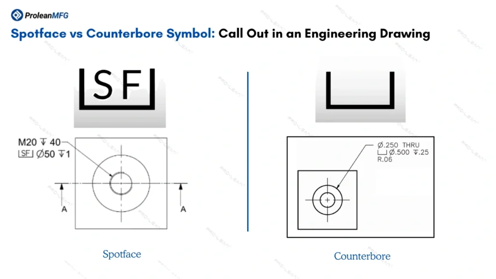 An infographic comparing the spotface symbol and counterbore symbol side by side