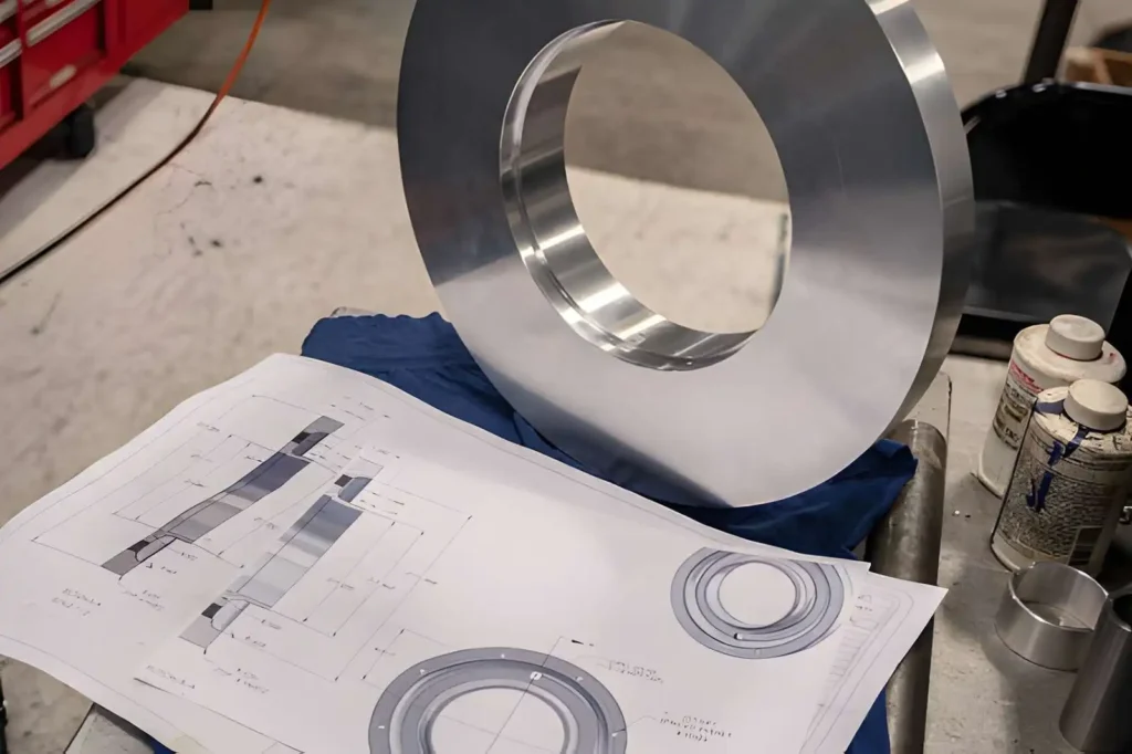 The image shows a polished, precision-machined stainless steel ring placed on an inspection table. The ring has a smooth metallic surface with precise edges and a uniform circular shape.
