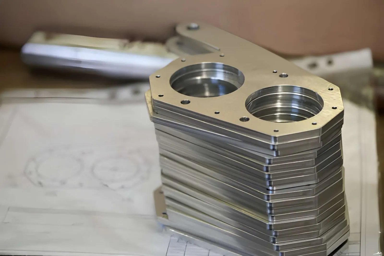 Stack of steel sheet metal parts ready for assembly.