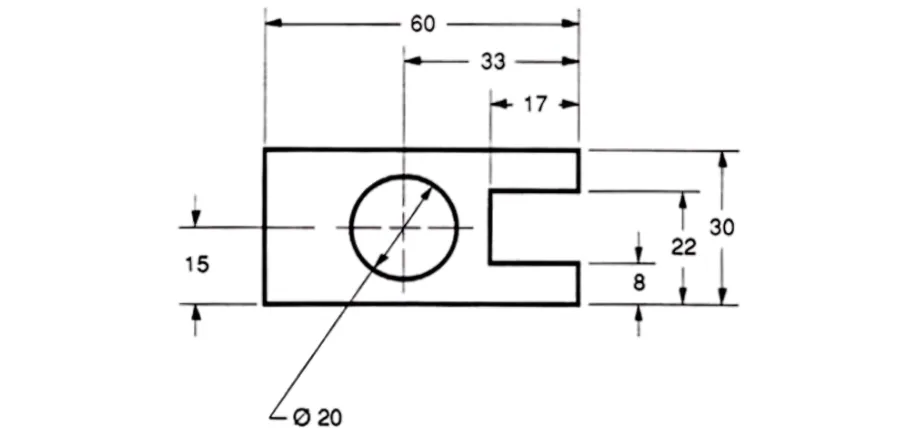 Technical drawing of a rectangular metal block with a Ø20 mm central through-hole and a stepped notch on one side, showing all principal dimensions in millimeters.
