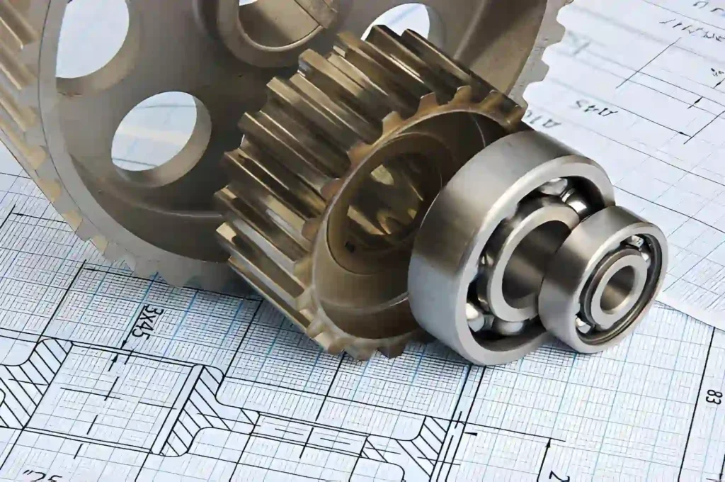 The image shows various mechanical tools and components placed on top of technical drawings. The drawings include detailed lines, dimensions, and part layouts.