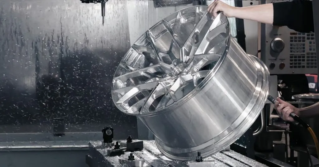 An image with a large wheel rim created by aluminum CNC machining 