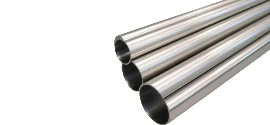 A close-up view of four stacked, thick-walled silver metal pipes against a plain white background