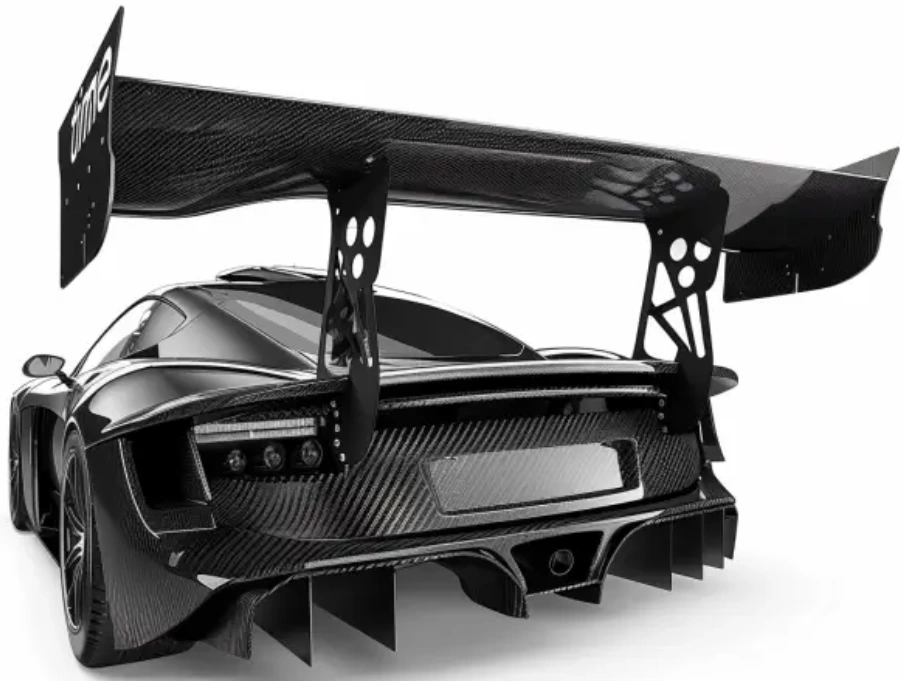 Rear view of a full carbon fiber racing car prototype with a large rear wing and diffuser  