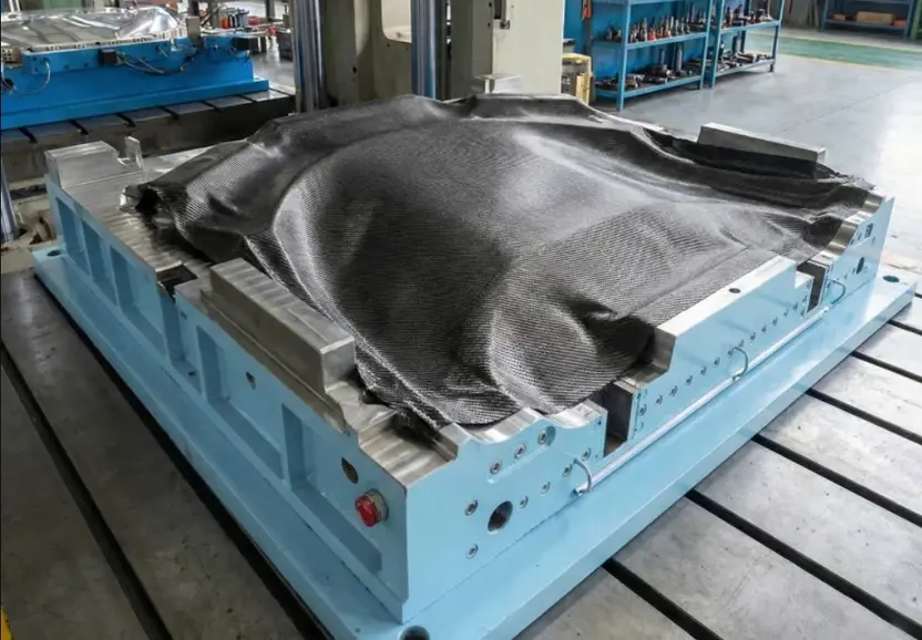Carbon fiber fabric draped over a large industrial compression mold in a carbon fiber processing facility