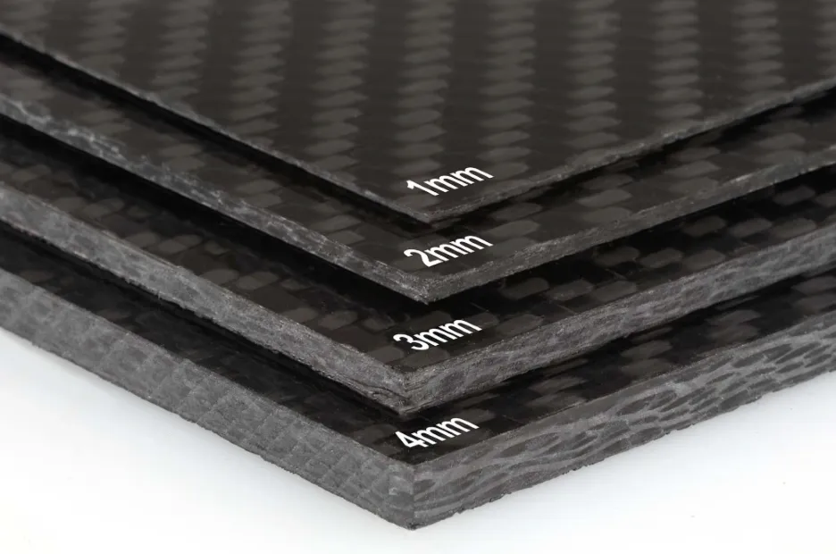 Four stacked carbon fiber sheets of varying thicknesses labeled 1mm, 2mm, 3mm, and 4mm. 