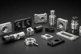 Assorted aluminum and steel CNC-machined parts displayed on a dark background.
