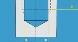 Technical drawing showing a V-shaped tip positioned inside a U-shaped slot with measurement arrows.