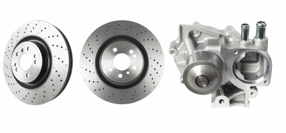 Two drilled brake rotors next to a cast aluminum automotive water pump housing Performance Brake and Pump Parts