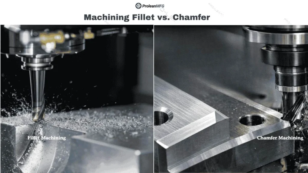 The image shows the fillet machining process on the left and the chamfer machining process on the right side