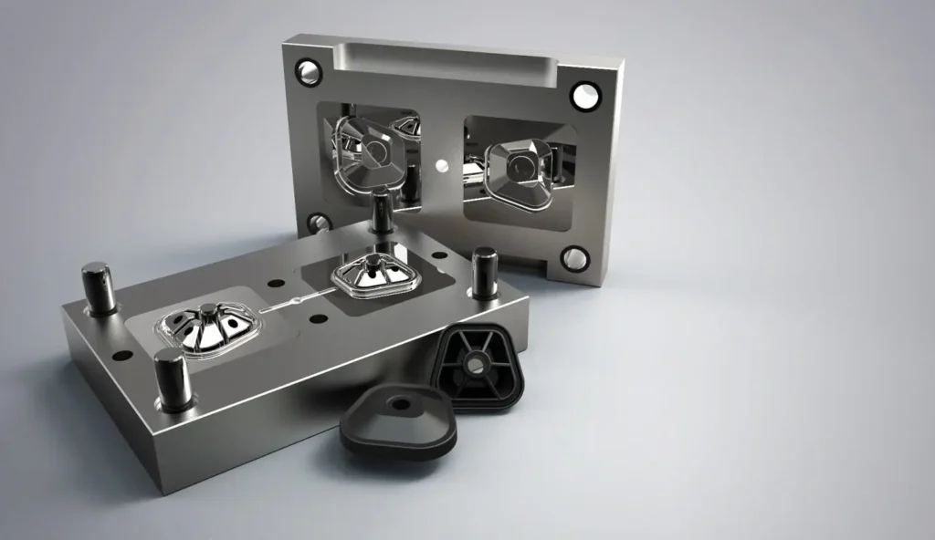 Metal injection mold with cavity inserts and molded plastic parts. 