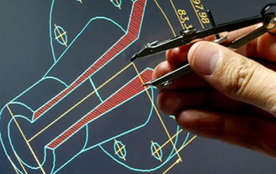 A hand using a compass on a detailed CAD technical drawing of a plastic part with dimensions and cross-section markings. 