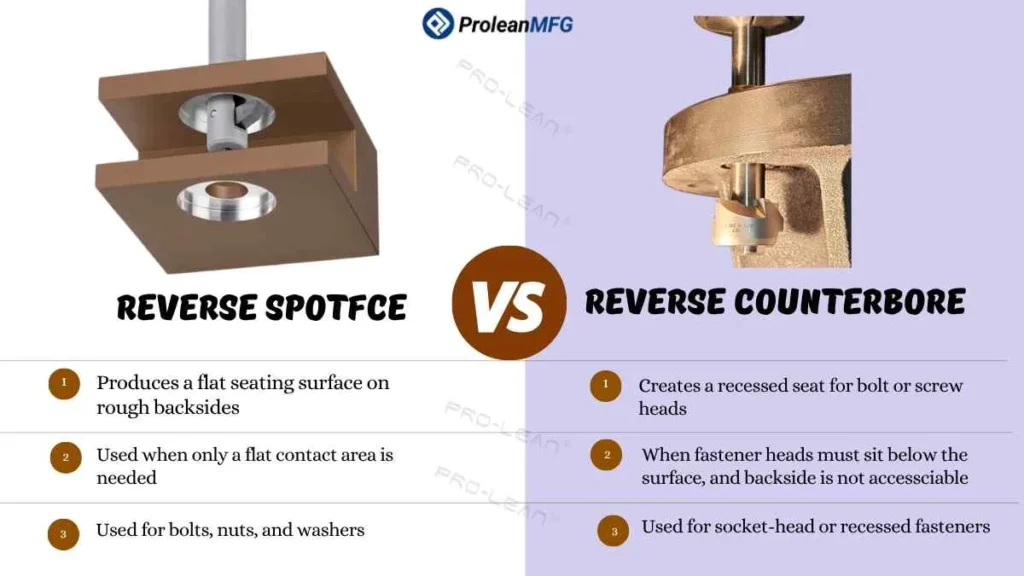 This infographic image compares reverse spotface and counterbore with three key differences 