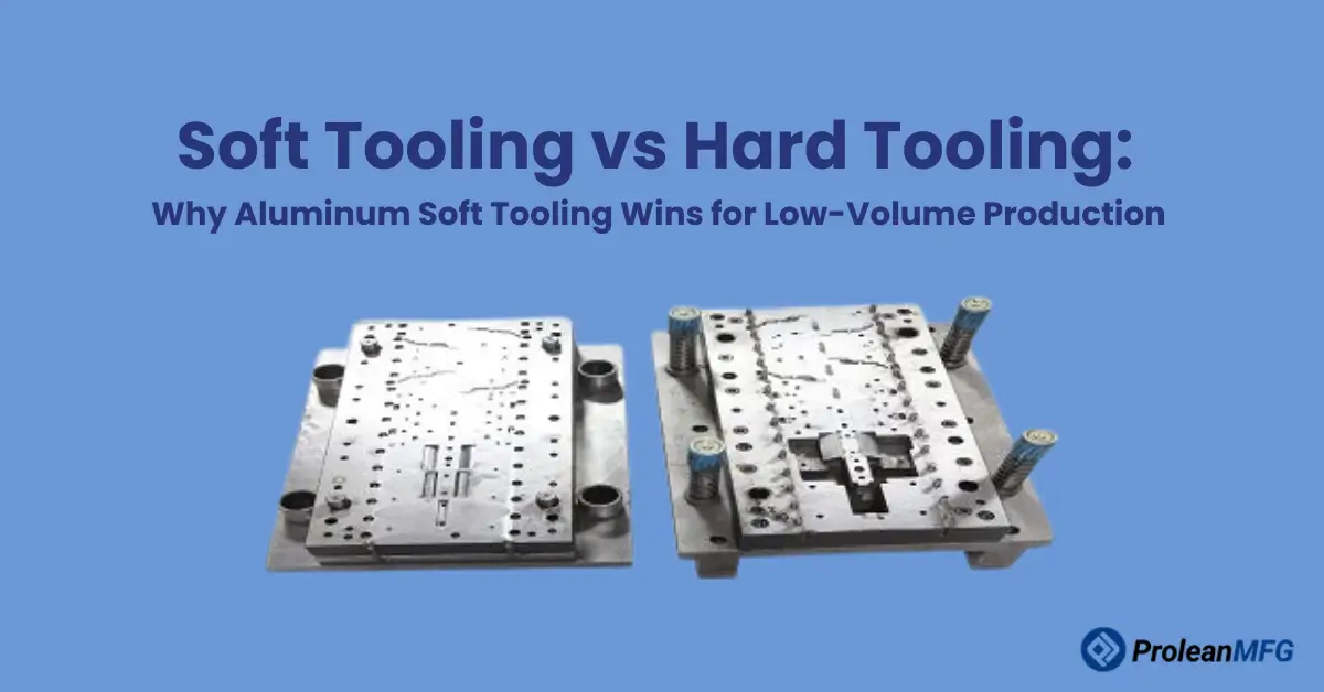 Two metal injection molds labeled soft and hard tooling on a blue background