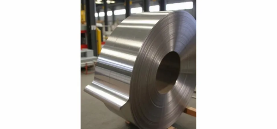 A large, heavy roll of brushed stainless steel sheet metal sitting on a wooden pallet in a warehouse or factory setting.