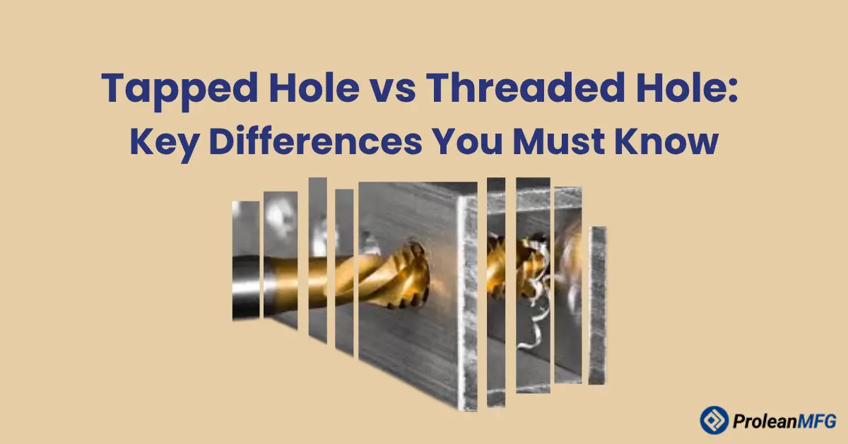 Feature graphic showing a machining process with the text “Tapped Hole vs Threaded Hole: Key Differences Every Engineer Must Know” related to CNC threading and hole machining.