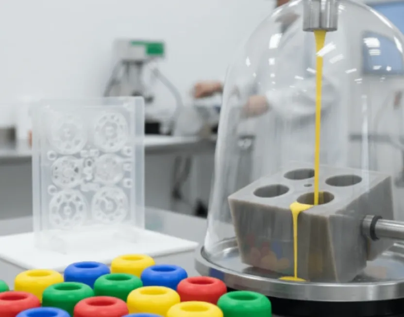 Vacuum casting setup with yellow polyurethane resin pouring into a silicone mold under a bell jar, alongside colorful cast plastic parts and a clear mold panel