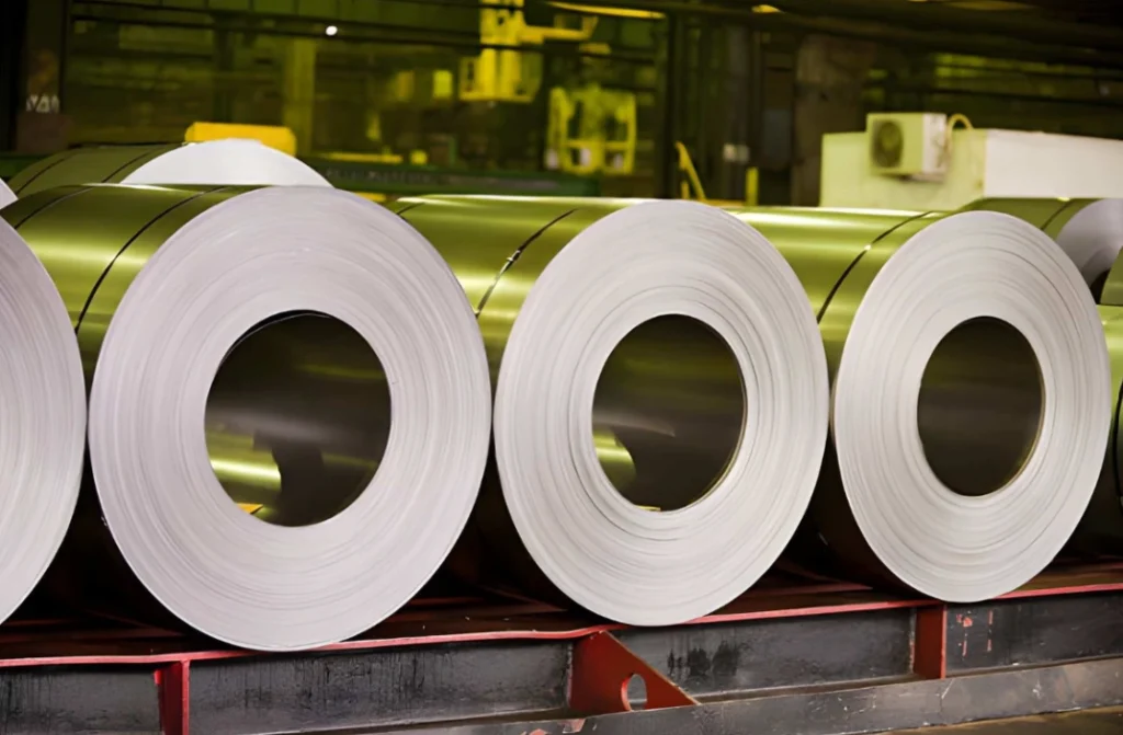 Rolled zinc sheet metal tied together for industrial storage.