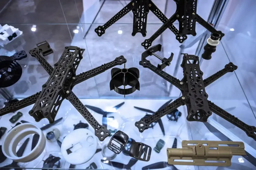Close-up view of various 3D printed drone components and frames displayed on a glass surface