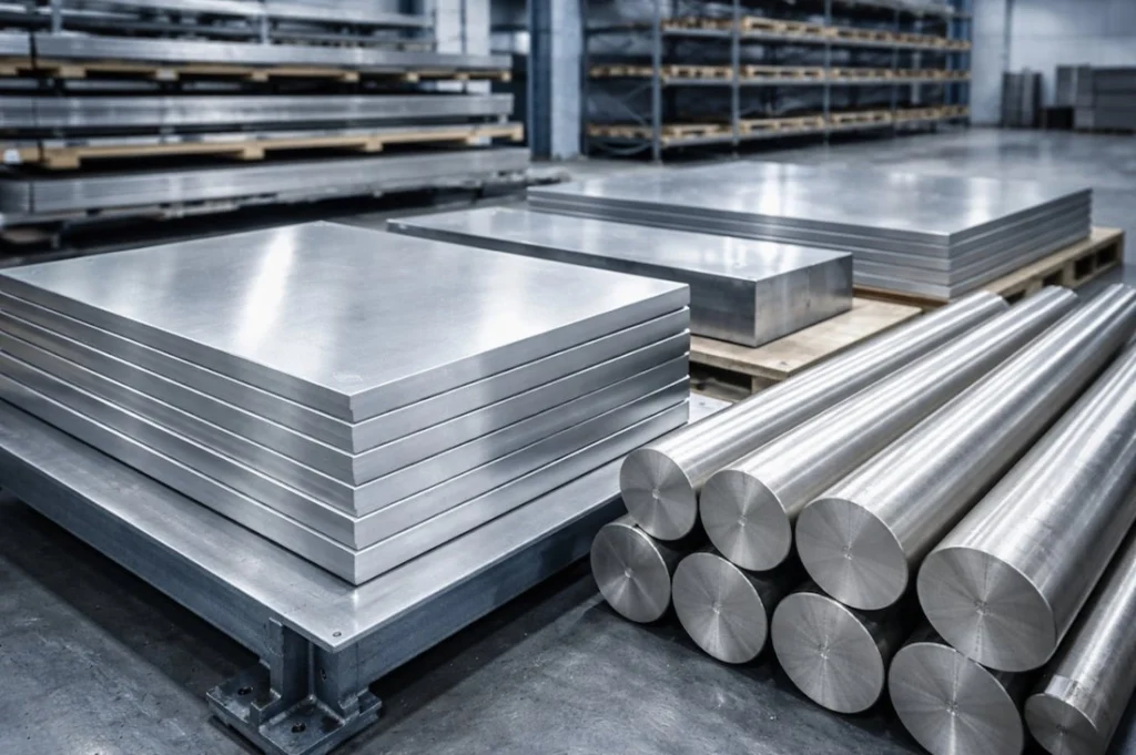stack of metal used in aerospace parts as circular rods and sheet bars