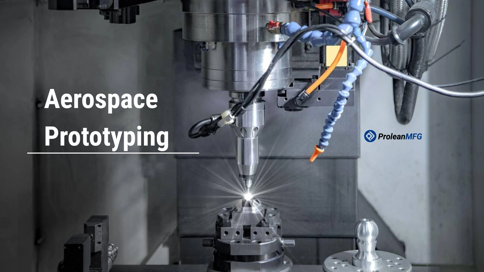 The image shows CNC machining of an aerospace prototype with a title overlay.