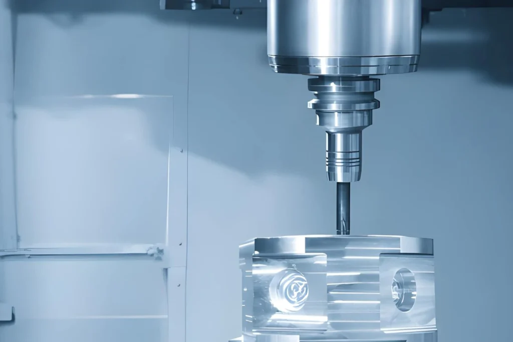 5-axis CNC milling machine cutting the aluminium gear case part with a solid flat nose end mill tool
